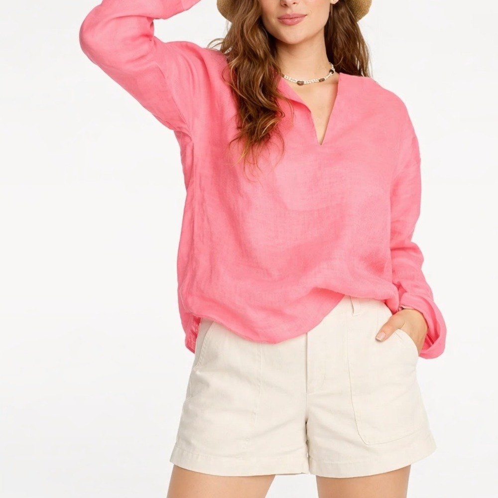 J.Crew Top Womens L Pink Ramie Split Neck Tunic Blouse Long Sleeve Lightweight‎